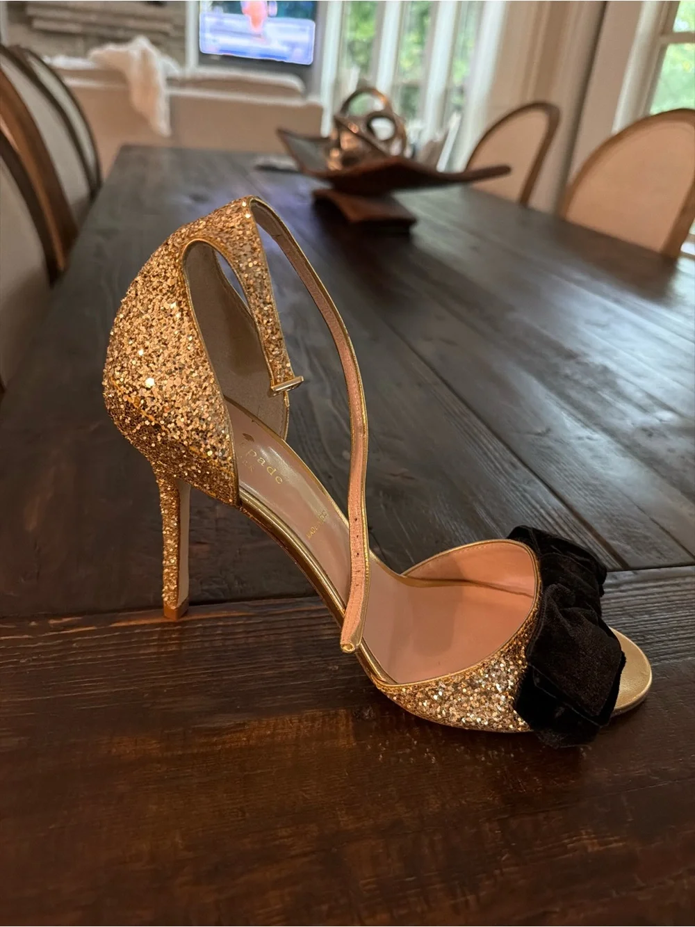 Rare Kate Spade Irwin Gold Glitter Black Velvet Bow Heels - Size 9, Never Worn